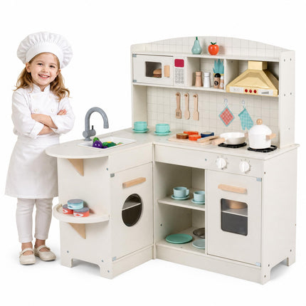 Costzon Wooden Play Kitchen for Kids w/Lights & Sounds | Interactive Pretend Kids Kitchen Playset