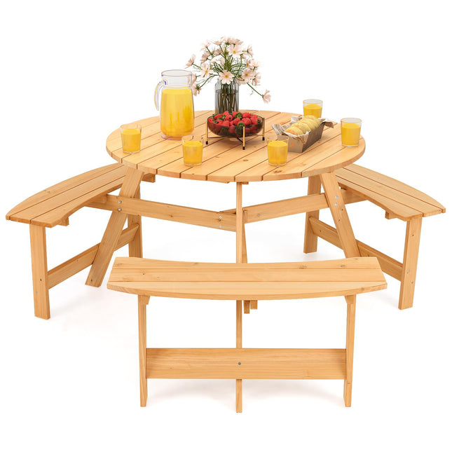 Costzon 6 Person Kids Picnic Table, Fir Wood Round Picnic Table with 3 Built-in Benches