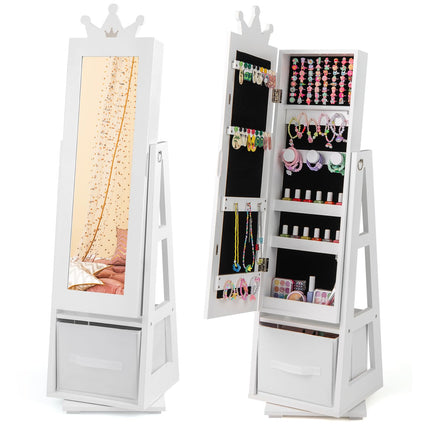 Costzon Kids Jewelry Armoire, 360° Swivel Jewelry Cabinet with Full Length Mirror