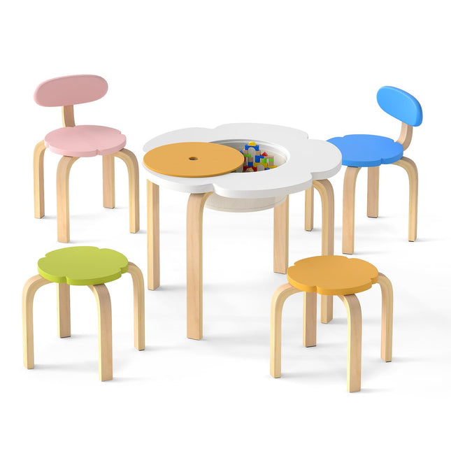 Costzon Kids Table and Chair Set 5-Piece Wooden Flower-Shaped Activity Table 2 Chairs & 2 Stools
