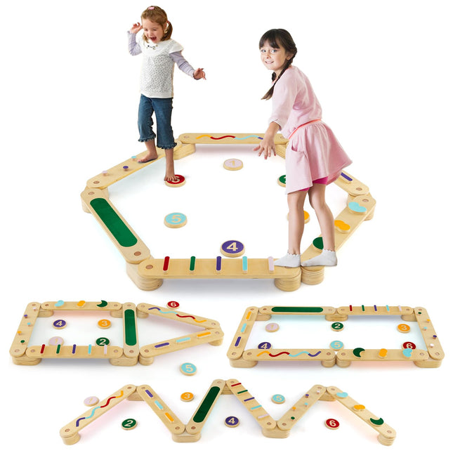 Costzon Montessori Wooden Balance Beam Step Stones, Kids Gymnastics Obstacle Course Balance Board Playset