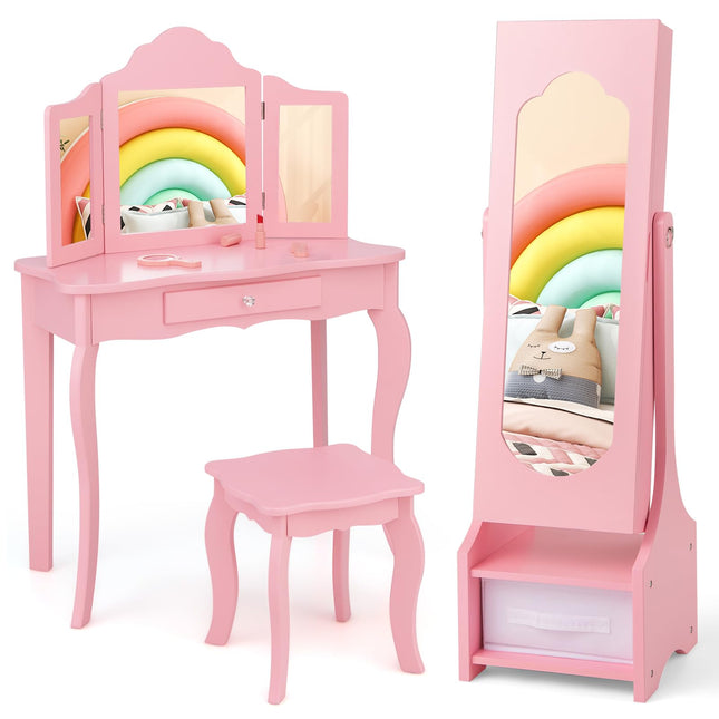 Costzon Kids Vanity & Jewelry Armoire Cabinet, Kids Vanity Table and Chair Set, Makeup Dressing Table