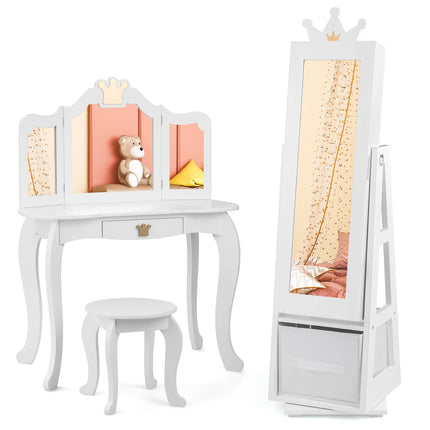 Costzon Kids Vanity & Jewelry Armoire Cabinet, Kids Makeup Vanity Table and Chair Set