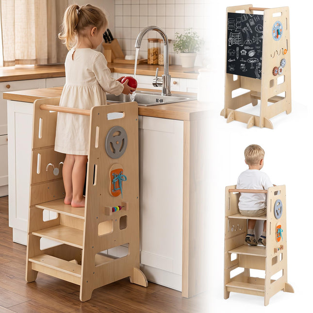 Costzon 4-in-1 Toddler Step Stool with Adjustable Height & Blackboard | Anti-Tip Montessori Tower