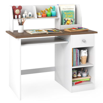 Costzon Kids Study Desk, Wooden Writing Table w/Keyboard Tray, Hutch, Drawer, Storage Shelves