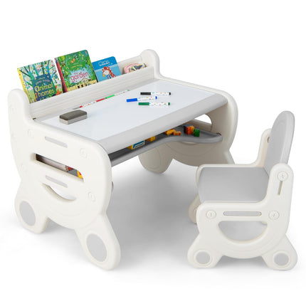 Costzon Kids Table and Chair Set, Plastic Activity Table with Watercolor Pens, Blackboard Eraser & Storage Shelf