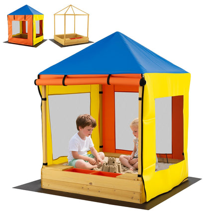 Costzon Kids Wooden Sandbox with Canopy(Yellow&Blue)