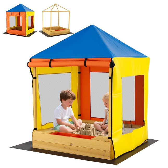 Costzon Kids Wooden Sandbox with Canopy(Yellow&Blue)