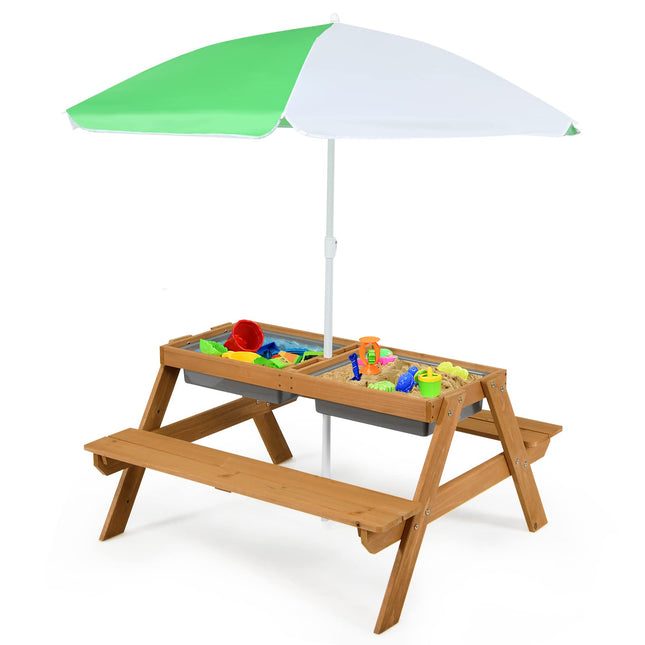 Costzon Kids Picnic Table, 3 in 1 Sand & Water Table w/Height Adjustable Umbrella, Removable Tabletop