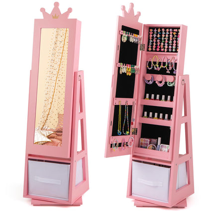 Costzon Kids Jewelry Armoire, 360° Swivel Jewelry Cabinet with Full Length Mirror