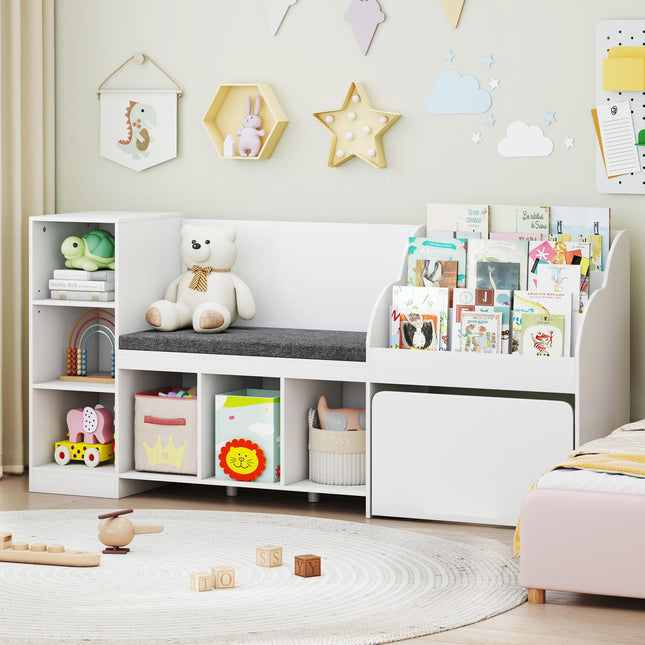 Costzon Kids Bookcase with/Reading Nook, 4-in-1 Toy Organizer w/Removable Seat Cushion