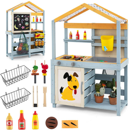 Costzon Mud Kitchen, 3-in-1 Double-Sided Kids Kitchen, BBQ Grill & Grocery Playset with Sink, Faucet