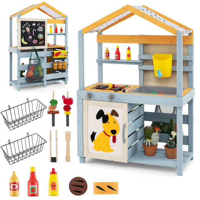 Costzon Mud Kitchen, 3-in-1 Double-Sided Kids Kitchen, BBQ Grill & Grocery Playset with Sink, Faucet