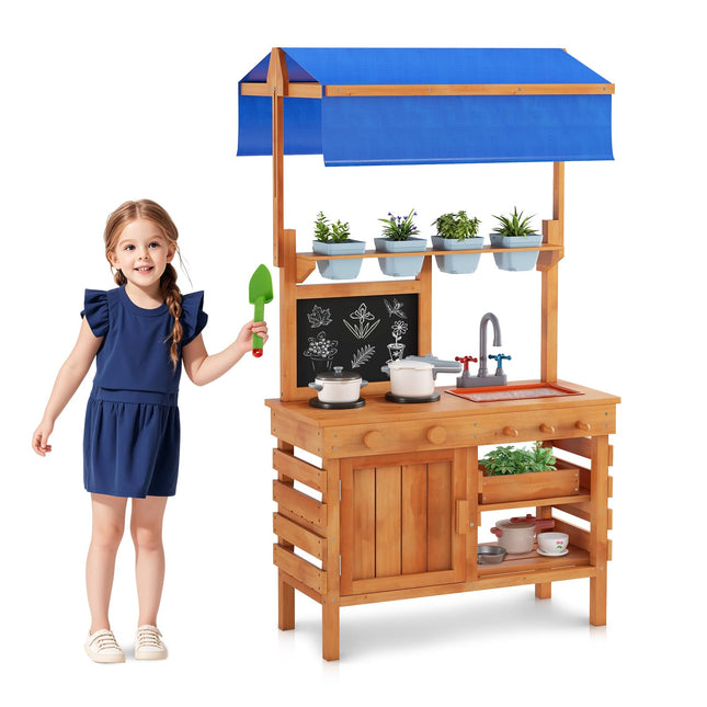 Costzon Mud Kitchen, Fir Wood Kids Kitchen Playset with Adjustable Canopy