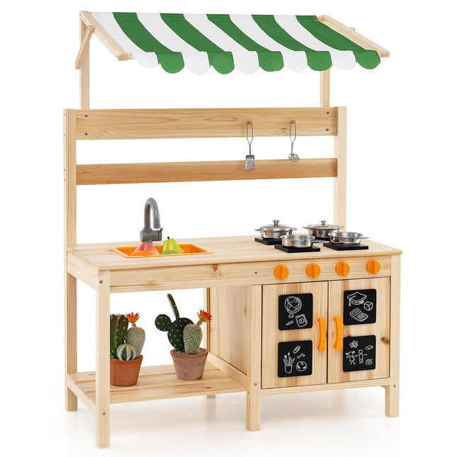 Costzon Mud Kitchen with Canopy, Fir Wood Kids Kitchen Playset with 4 Stoves, Outdoor Play Kitchen for Kids Toddlers, Gift for Boys Girls Ages 3+