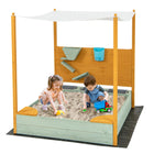 Costzon Kids Sandbox with Sand Wall, Wooden Sandpit w/Removable Canopy, Water Bucket