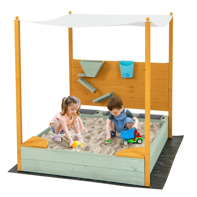 Costzon Kids Sandbox with Sand Wall, Wooden Sandpit w/Removable Canopy, Water Bucket