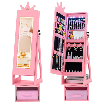 Costzon LED Kids 360° Swivel Jewelry Cabinet with Full Length Mirror