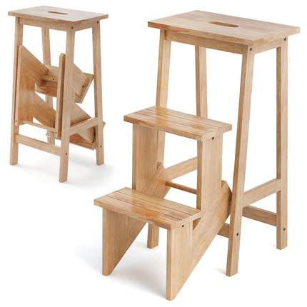 Costzon Folding Step Stool 3 Tier Wood Ladder, 3-in-1 Design with Ladder