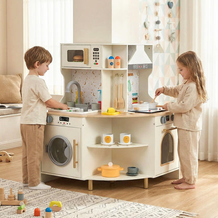 Costzon Corner Play Kitchen Wooden Toy Cooking Set