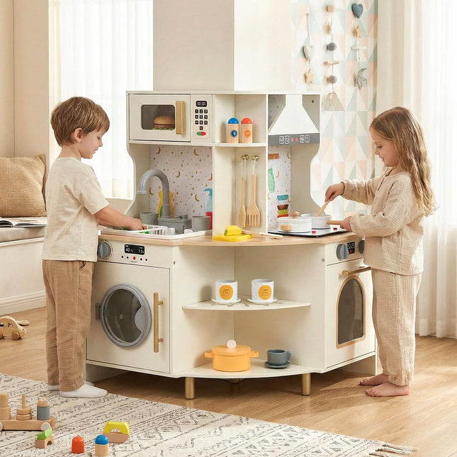 Costzon Corner Play Kitchen Wooden Toy Cooking Set