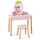 Costzon Kids Vanity Set with Mirror, Wooden Princess Makeup Dressing Table with Stool & Storage Drawer
