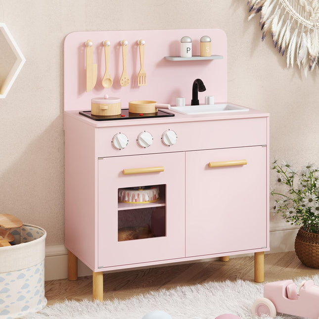 Costzon Kids Kitchen Playset, Wooden Pretend Play Kitchen with Lights and Sounds