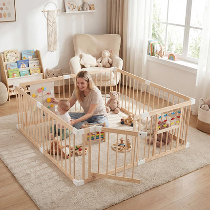 Costzon Wooden Baby Playpen for Babies 63" x 63" Adjustable Multi-Shape 8 Panels Large Play