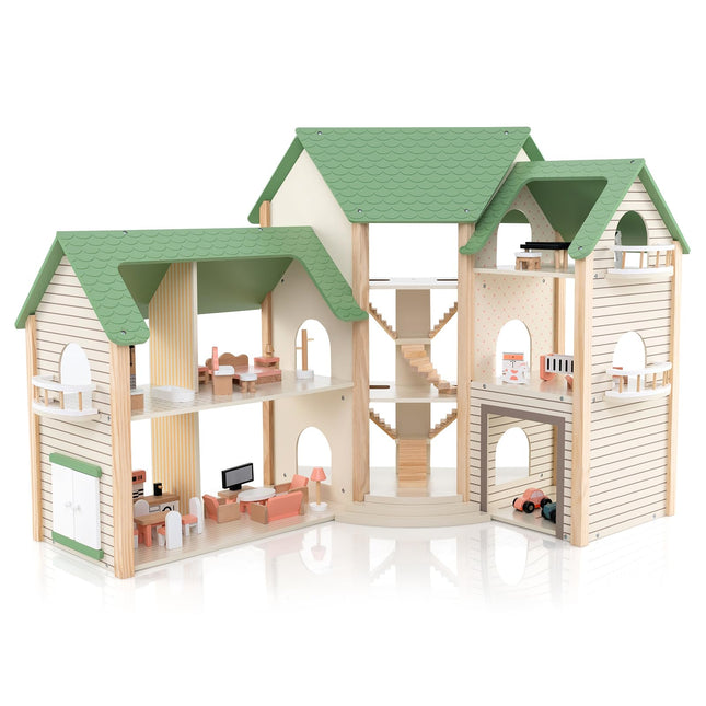 Costzon Wooden Dollhouse for Kids, 3-Story Luxury Doll House with 36 Pieces Furniture Accessories
