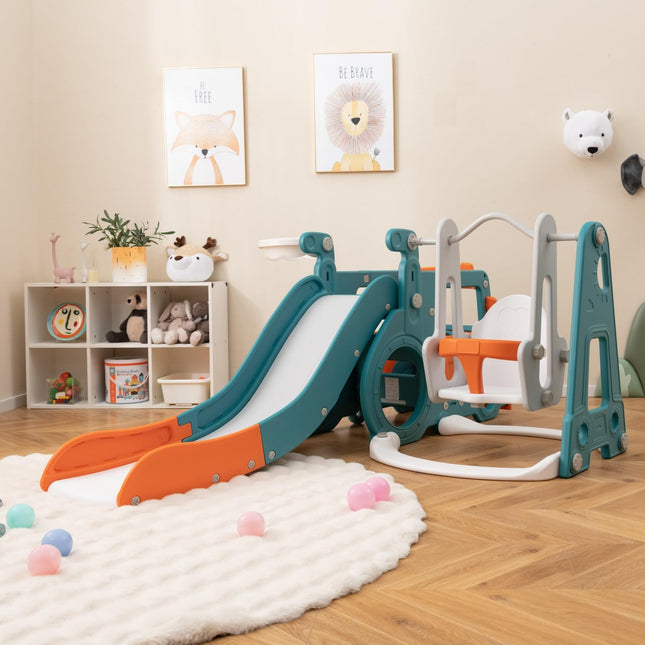 Costzon 6 in 1 Toddler Slide and Swing Set, Mini Bus Indoor Outdoor Baby Swing with Basketball Hoop