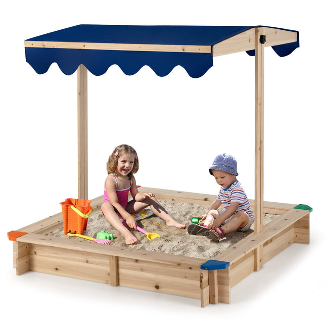 Costzon Kids Wooden Sandbox with Canopy, Square Cabana Sandbox with Ground Liner