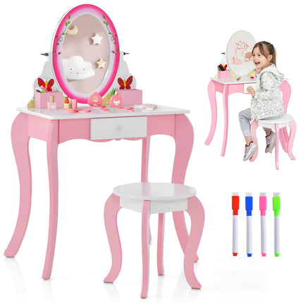 Costzon Kids Vanity, Girls Vanity Set with Mirror and Stool, Drawer, Storage Grids