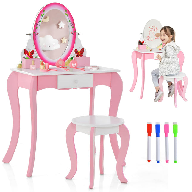 Costzon Kids Vanity, Girls Vanity Set with Mirror and Stool, Drawer, Storage Grids