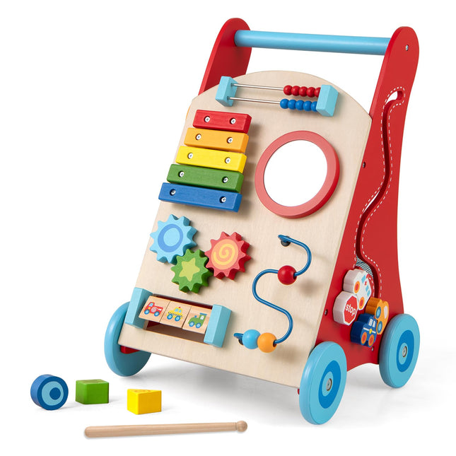 BABY JOY Wooden Baby Walker Sit to Stand Baby Push Walker with Wheels & Storage Space