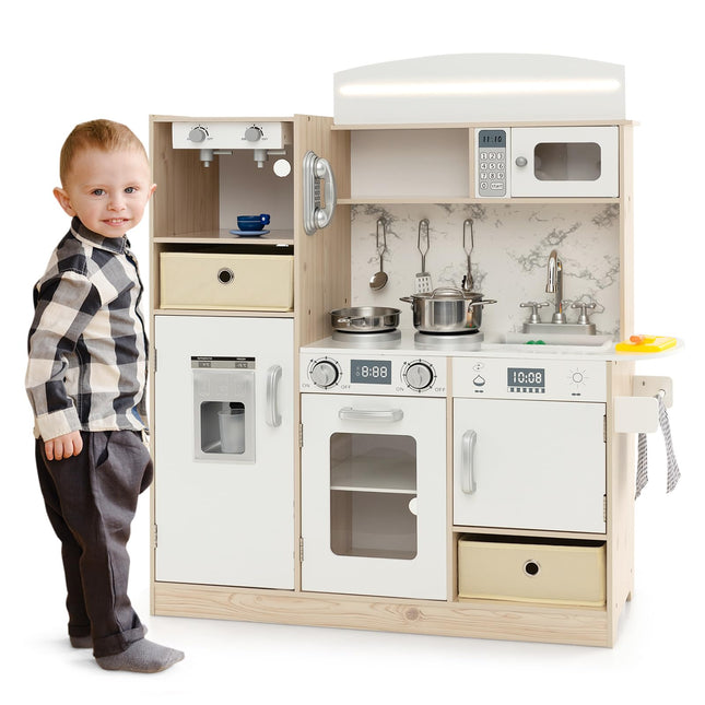 Costzon Kids Kitchen Playset, Wooden Little Chef Pretend Play Kitchen with Deluxe LED Lights