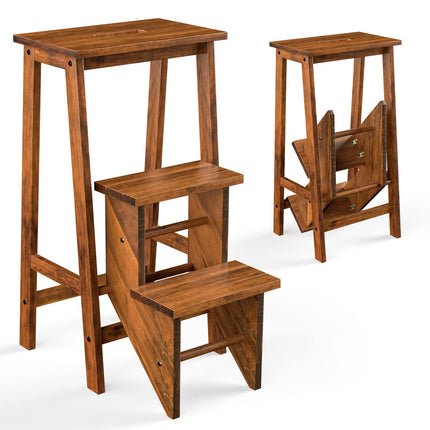 Costzon Folding Step Stool 3 Tier Wood Ladder, 3-in-1 Design with Ladder, Multifunction Pine Wood Foldable Ladder