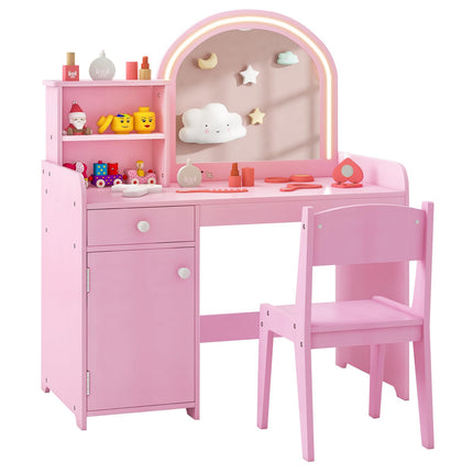 Costzon Kids Vanity, Girls Vanity Set with Mirror and Stool and Lights, Makeup Vanity Desk
