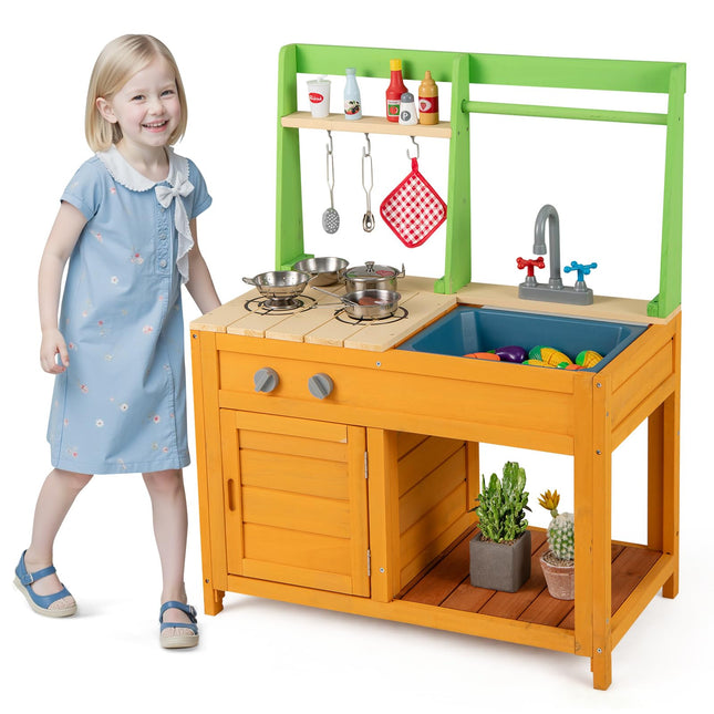 Costzon Mud Kitchen for Kids Outdoor Wooden Play Kitchen w/Stoves