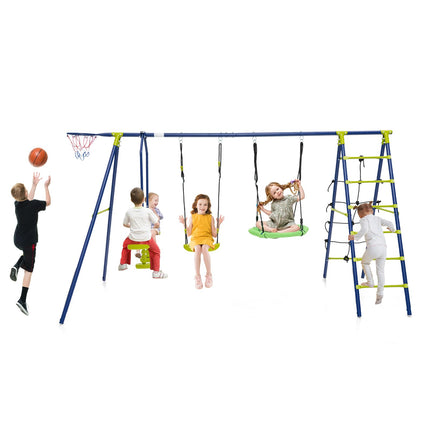 Costzon Swing Sets for Backyard, 6 in 1 Heavy-Duty Metal Swing Set with 2 Swings