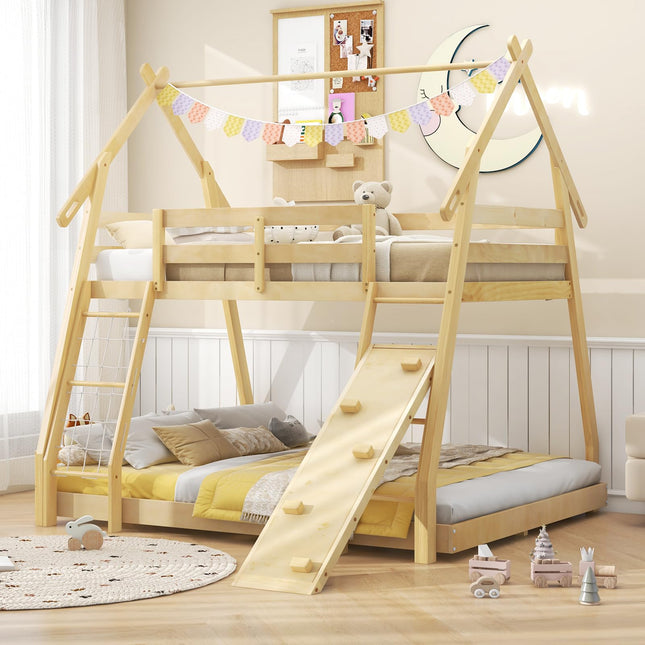 Costzon Twin Over Queen Bunk Bed, House Shaped Bed Frame with Climbing Nets and Ramp