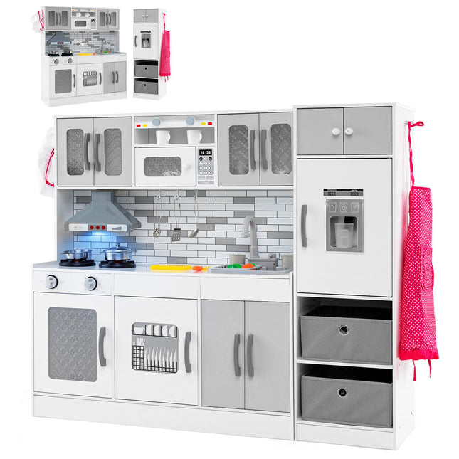 Costzon 2-Piece Kids Kitchen Playset, Wooden Play Kitchen with Water Circulation, Lights and Sounds
