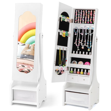Costzon Kids Jewelry Armoire Cabinet, 41.5” Standing Jewelry Organizer with Full-Length Mirror