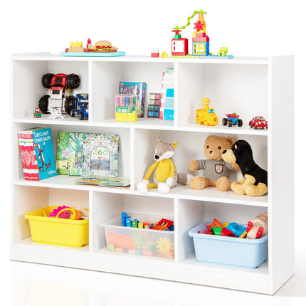 Costzon Kids Toy Organizers and Storage, Wooden 3 Tier Bookshelf with 8 Compartment Cubes to Organize Books