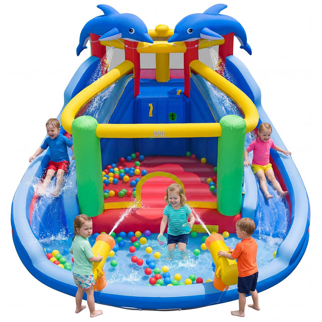 BOUNTECH Inflatable Water Slide | Dolphin Style 6 in 1 Bouncy Castle with Dual Slides