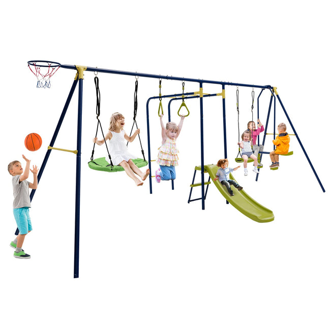 Costzon 660 lbs Swing Sets for Backyard 7-in-1 Heavy Duty Extra Large Metal Swing Frame w/2 Swings