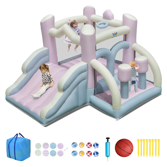 Inflatable Bounce House, White Pink Dream Cotton Bouncy House for Kids 5-12 Indoor Outdoor Backyard Fun w/Wide Slide
