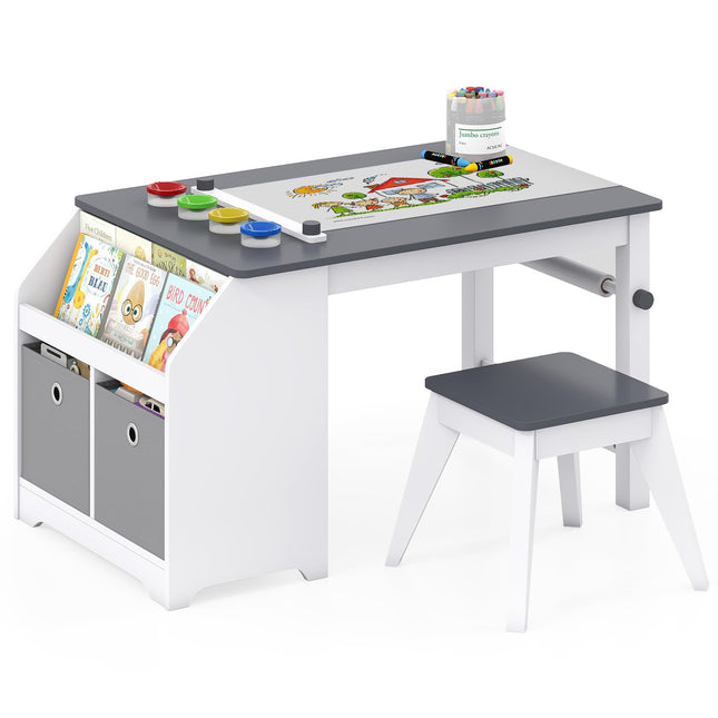 Costzon Wooden Kids Art Table and Chairs w/Paper Roll 4 Paint Cups Storage Shelves