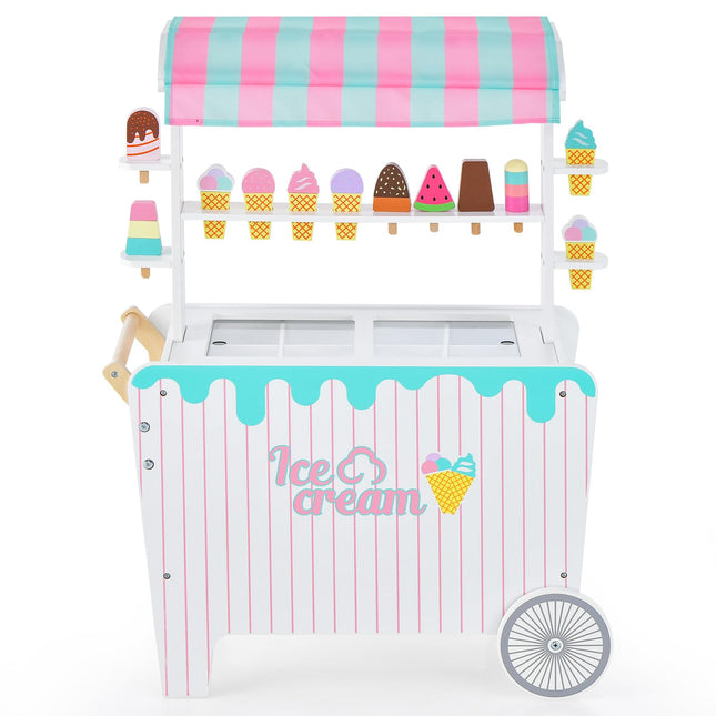 Costzon Wooden Ice Cream Cart for Kids, Pretend Play Food Trunk Toy w/ Display Rack