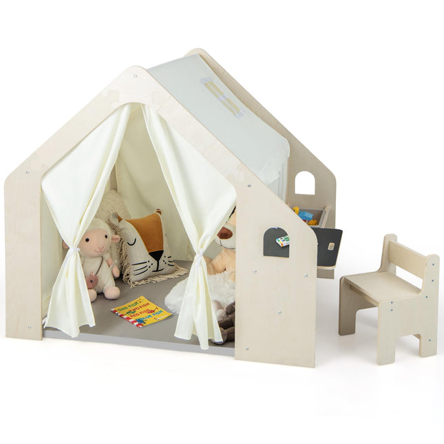 Costzon 6-in-1 Kids Tent, Large Wooden Frame Playhouse with Table and Chair Set