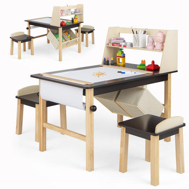 Costzon 2 in 1 Children’s Wooden Easel Table Set with 2-Tier Shelves